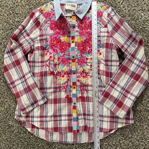 Savanna Jane Women‎ Sz Large Floral Embroidered Plaid Top Blouse roll tab sleeve - Picture 4 of 10